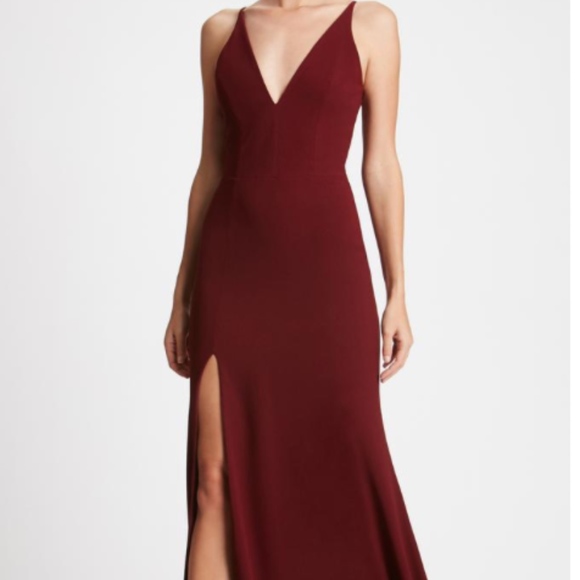 DRESS THE POPULATION Burgundy Iris High Slit Gown - Picture 1 of 8